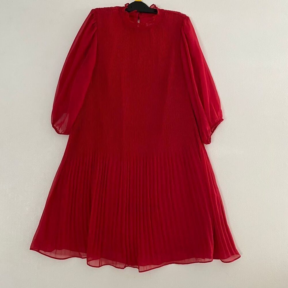 Nanette Lepore Pleated Red Chiffon Dress Puff Sleeve Fit & Flare Size 12